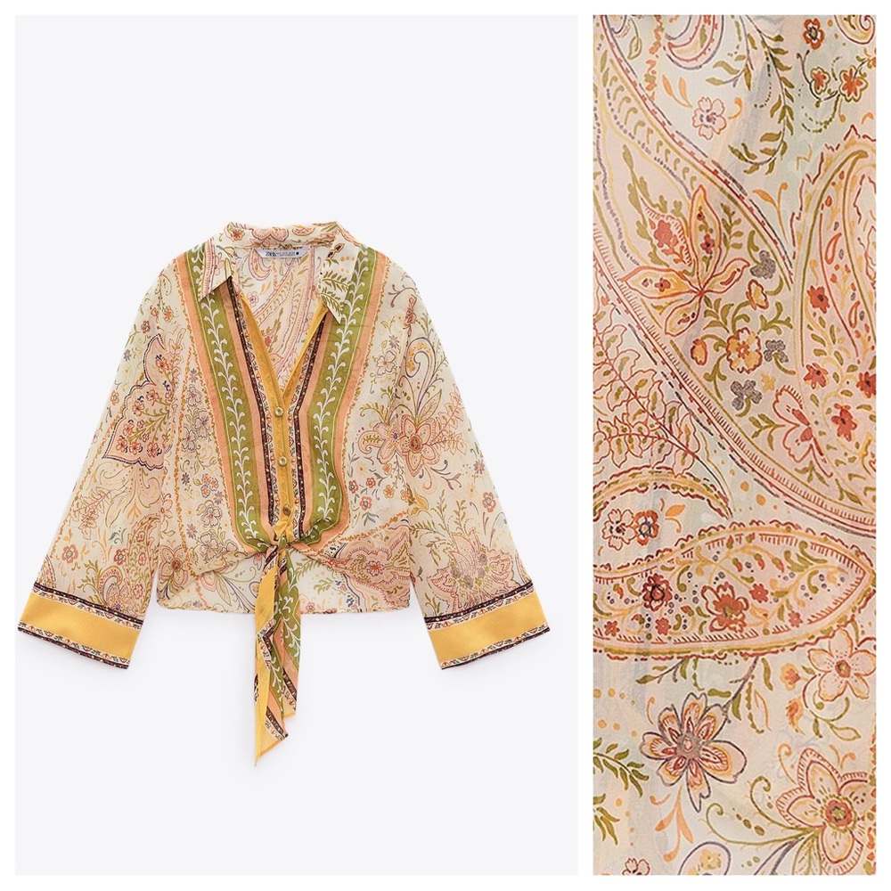 NWT. Zara Cream/Beige Paisley Printed Chiffon Blouse. Size L. - Picture 5 of 10